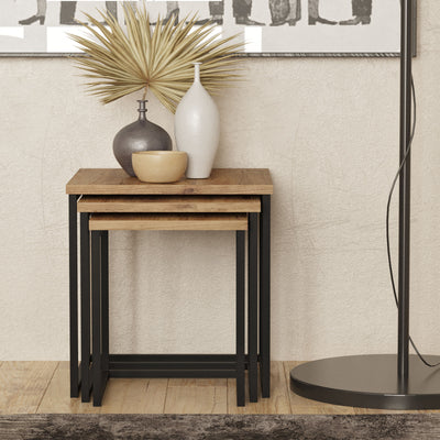 Set da 3 Tavolino basso quadrato stile industrial in metallo e legno naturale