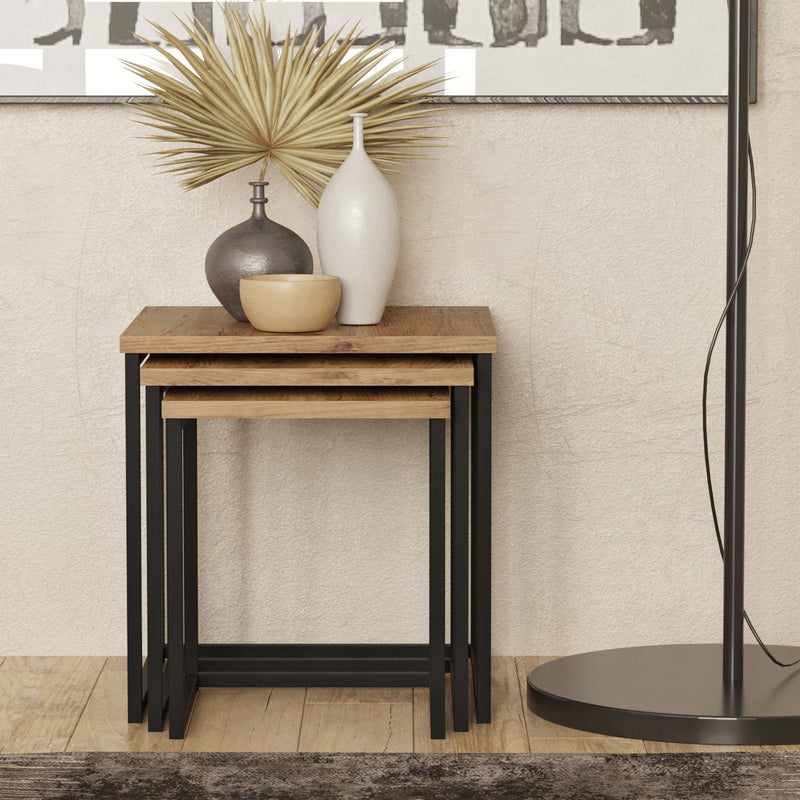 Set da 3 Tavolino basso quadrato stile industrial in metallo e legno naturale