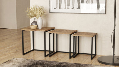 Set da 3 Tavolino basso quadrato stile industrial in metallo e legno naturale