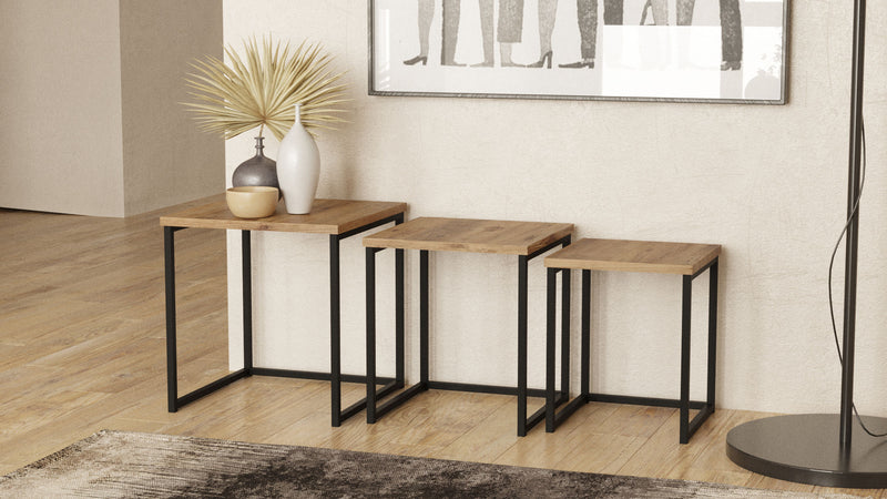 Set da 3 Tavolino basso quadrato stile industrial in metallo e legno naturale