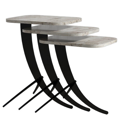 Set 3 Tavolini da salotto design base in metallo nero piano marmo bianco