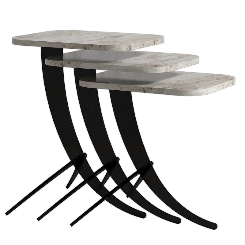 Set 3 Tavolini da salotto design base in metallo nero piano marmo bianco