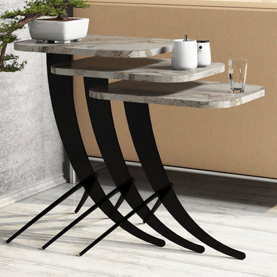 Set 3 Tavolini da salotto design base in metallo nero piano marmo bianco