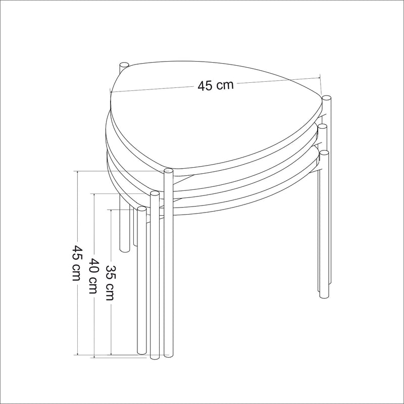 Set 3 Tavolini da caffè piano colore noce base in metallo nero impilabili