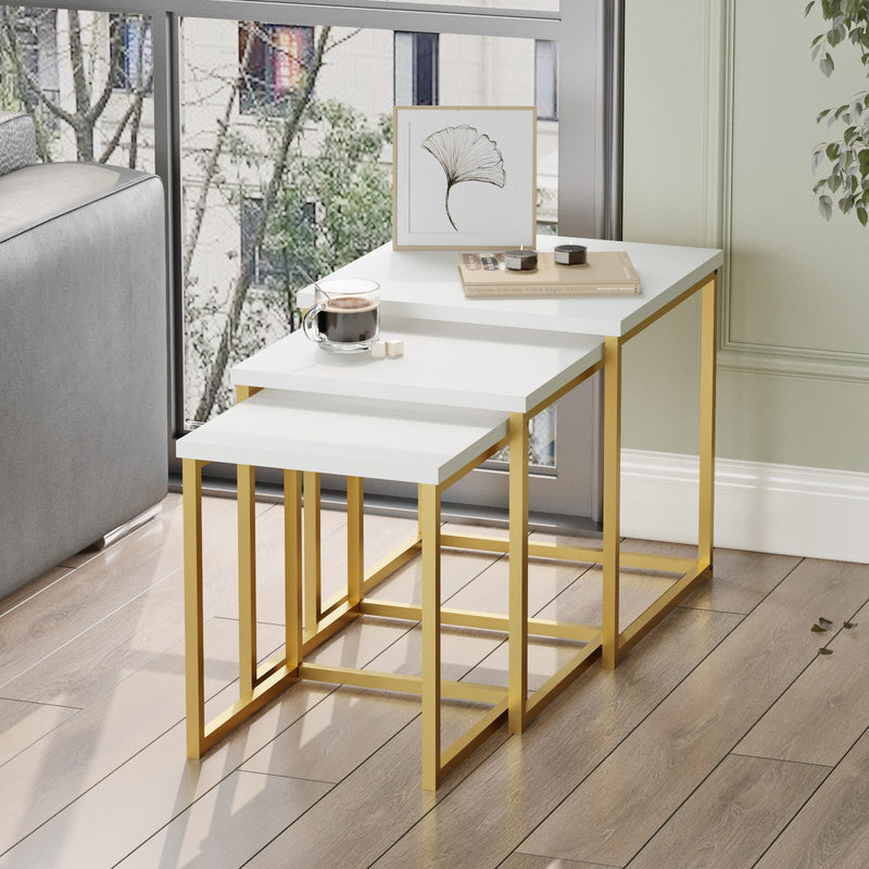 Set da 3 Tavolino quadrato basso in metallo dorato piano in legno bianco