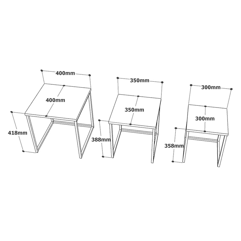 Set da 3 Tavolino quadrato basso in metallo dorato piano in legno bianco