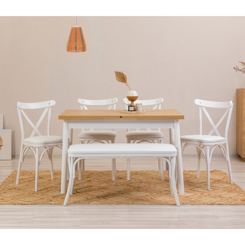 Set da pranzo con tavolo sedie e panca colore bianco e rovere chiaro