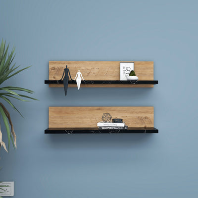 set 2 mensole moderne da parete in legno pino atlantico e marmo nero