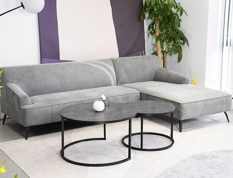 Set da 2 tavolini da interno con piano rotondo in vetro grigio e gambe in metallo nero opaco