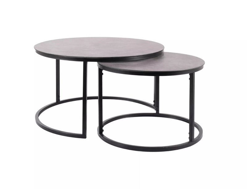 Set da 2 tavolini da interno con piano rotondo in vetro grigio e gambe in metallo nero opaco