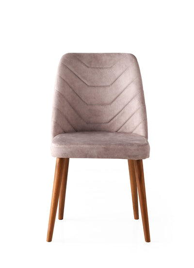 Set da 4 sedie moderne con gambe in legno color noce opaco e tessuto in velluto color beige scuro. Dimensioni singola sedia cm 50x49x90h