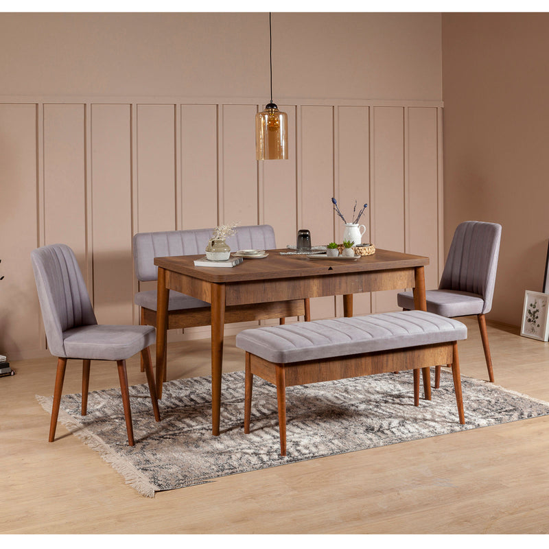 set sala pranzo con tavolo allungabile 2 sedie e 2 panche contenitore in legno noce rivestimento in tessuto grigio