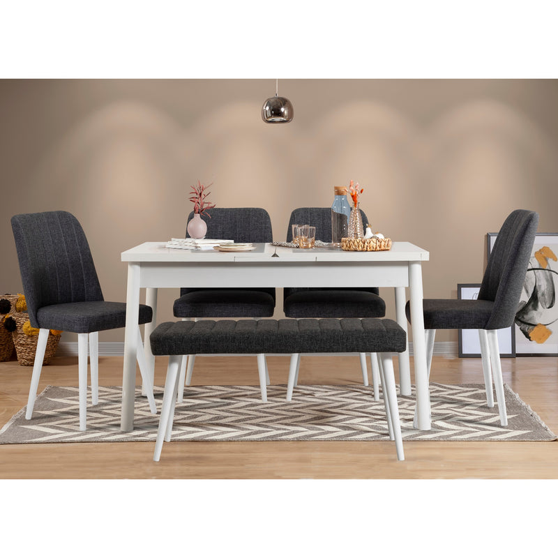 Set sala da pranzo con 4 sedie tavolo apribile e panca in tessuto antracite - vari colori