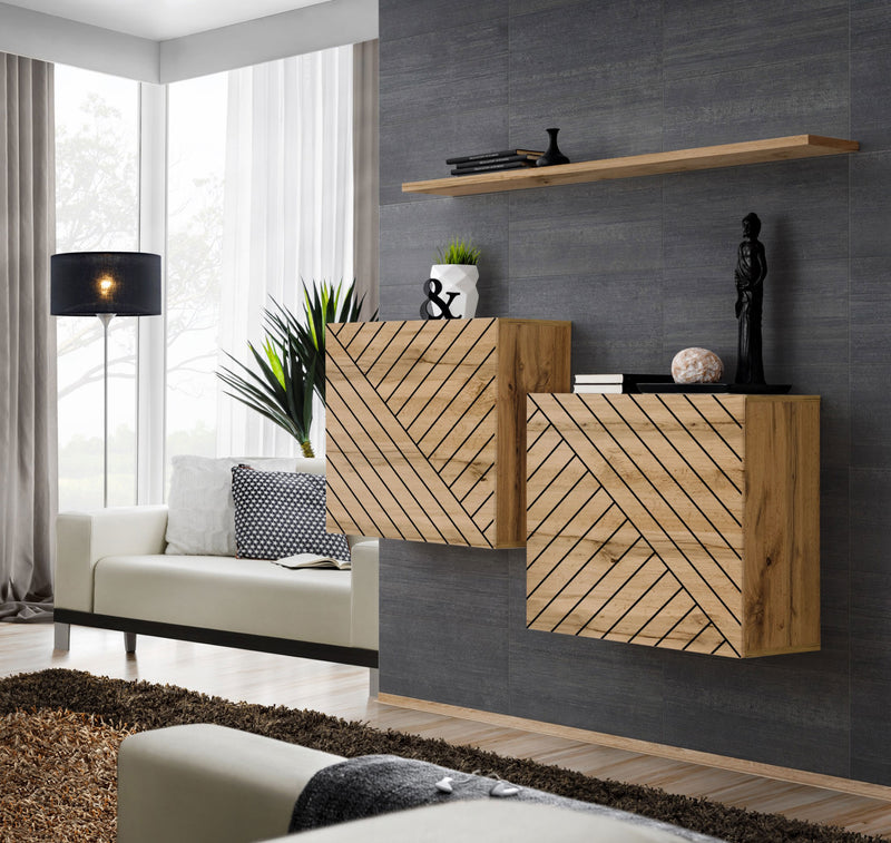 set da ingresso con 2 cubi e mensola in legno quercia con fantasia geometrica