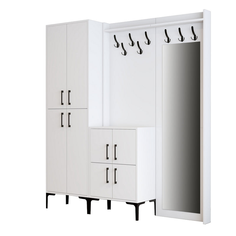 Set da ingresso moderno bianco con armadio specchio e appendiabiti cm 180x35x200h