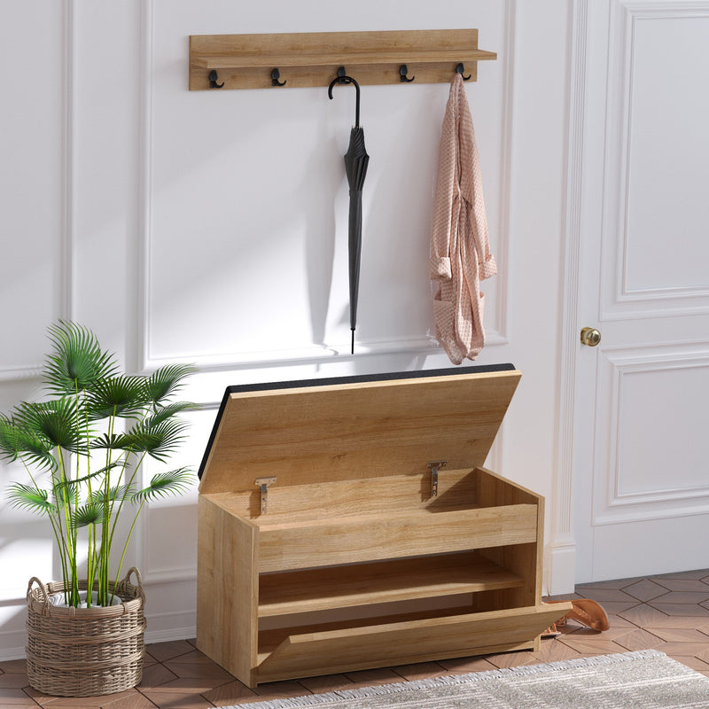 Set da ingresso panca contenitore e appendiabiti in legno naturale