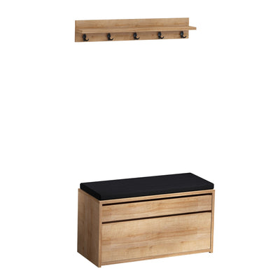 Set da ingresso panca contenitore e appendiabiti in legno naturale
