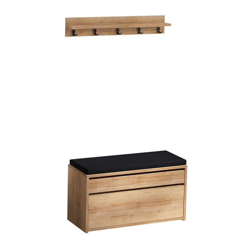 Set da ingresso panca contenitore e appendiabiti in legno naturale