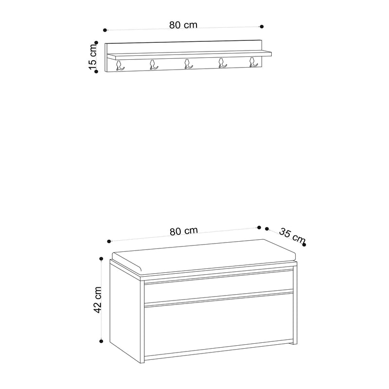 Set da ingresso panca contenitore e appendiabiti in legno naturale