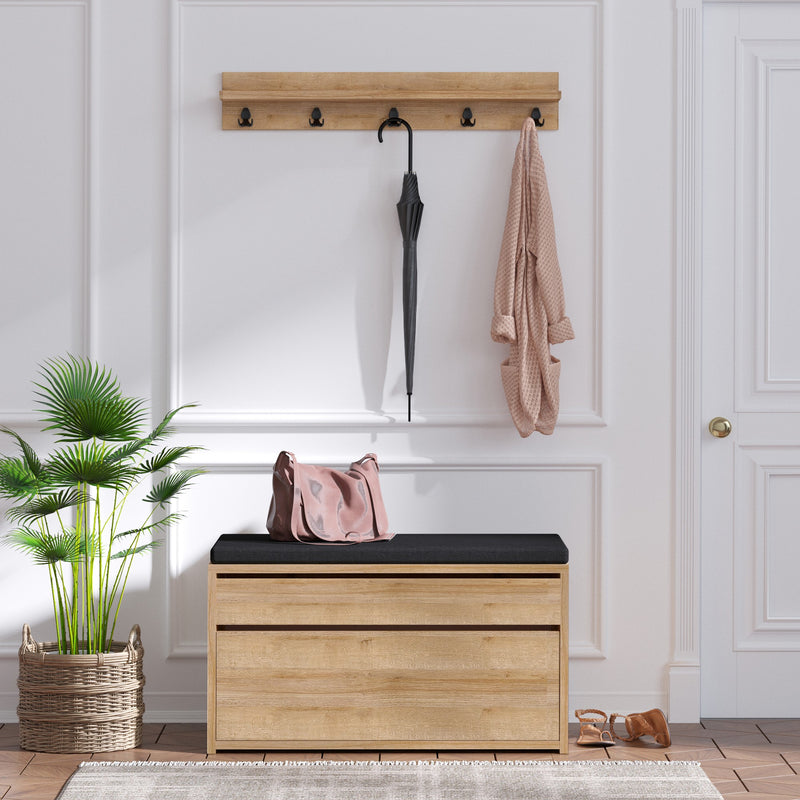 set ingresso moderno con panca contenitore appendiabiti da parete in legno naturale