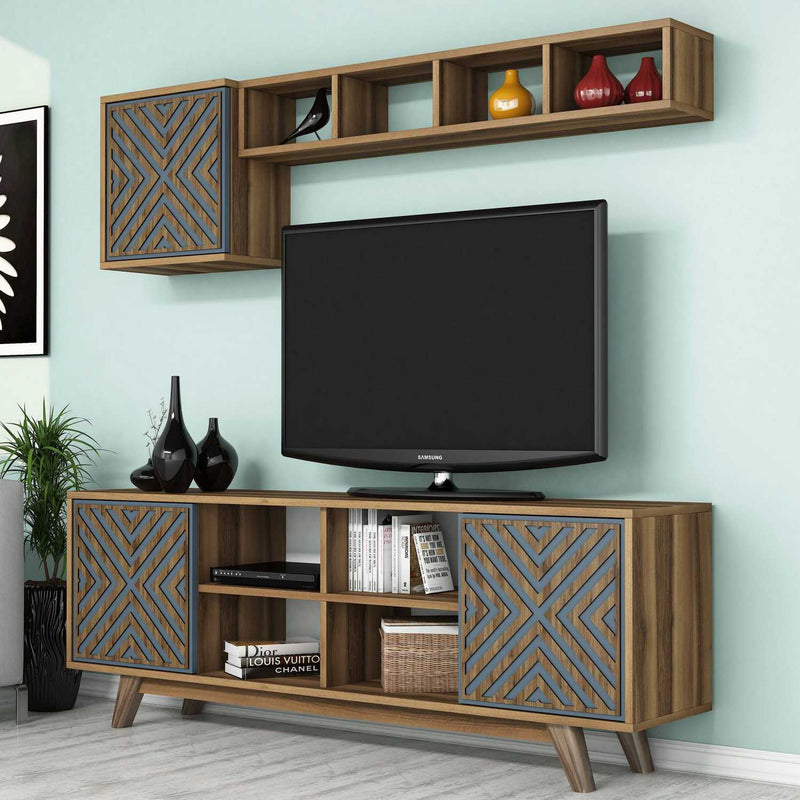 Parete salotto moderna porta tv cubo e vani in legno noce e blu