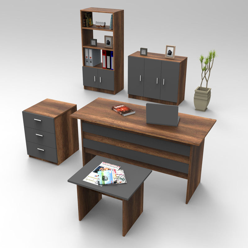 set mobili ufficio con scrivania libreria cassettiere e tavolinetto in legno colore noce antracite