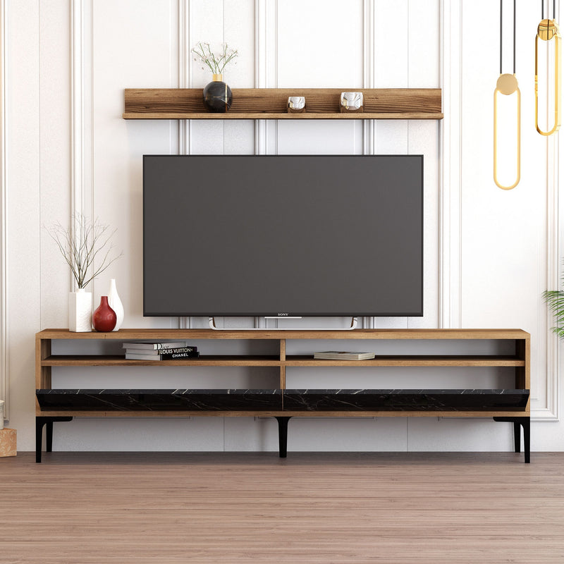 Composizione soggiorno porta tv e mensola in legno noce e marmo nero