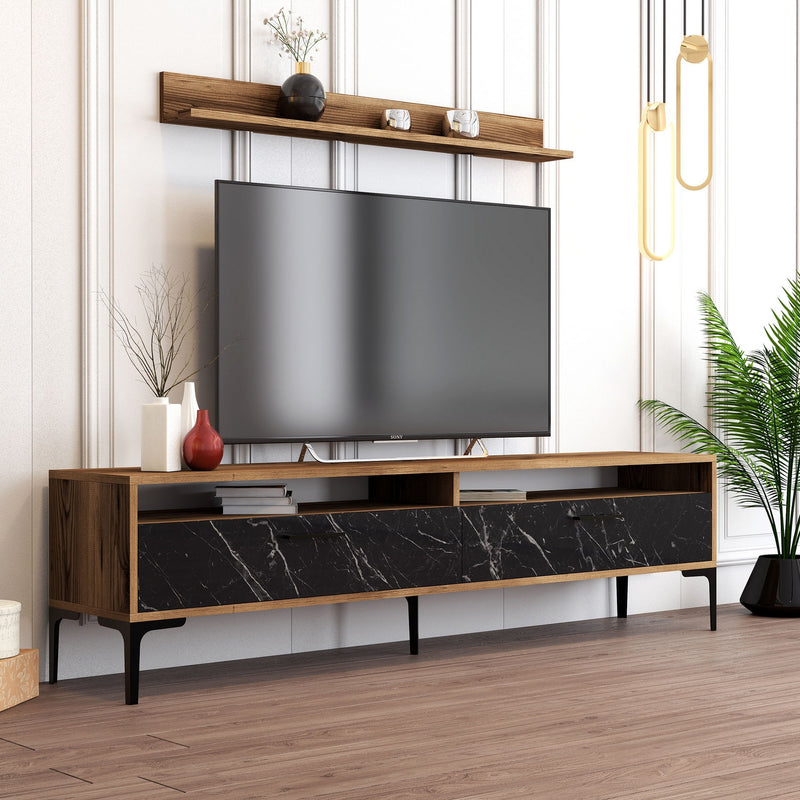 Composizione soggiorno porta tv e mensola in legno noce e marmo nero