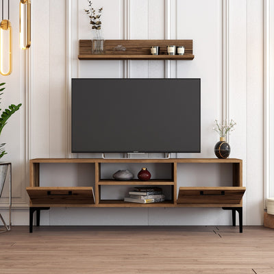 Set soggiorno parete moderna con mobile tv e mensola in legno noce