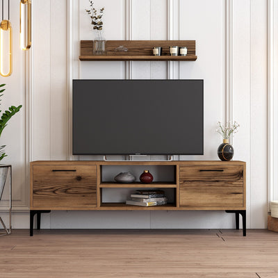 parete moderna set con mobile tv e mensola in legno finitura noce