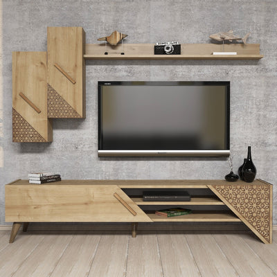 parete living moderna con porta tv mensola e pensili in legno quercia
