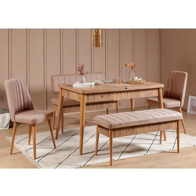 set da pranzo con tavolo allungabile sedie panche in legno colore naturale rivestimento in tessuto rosa
