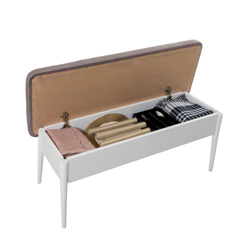 Set moderno con tavolo allungabile sedie e panca in legno bianco e tessuto grigio