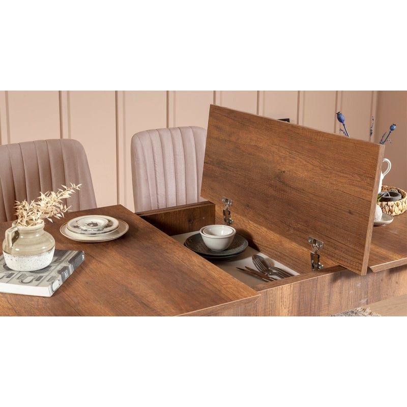 Set da pranzo con tavolo allungabile panche e sedie in legno e tesuto rosa