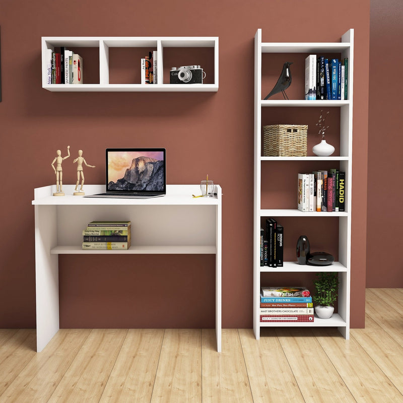 Set per studio moderno con scrivania mensola e libreria colore bianco