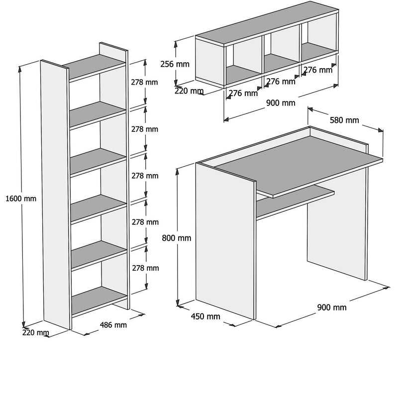 Set per studio moderno con scrivania mensola e libreria colore bianco