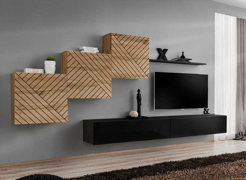 parete moderna con pensili nero lucido e quercia con decorazione geometrica