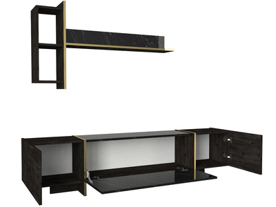 Set soggiorno con mobile tv madia e tavolino da caffè colore legno nero oro e nero lucido effetto marmo