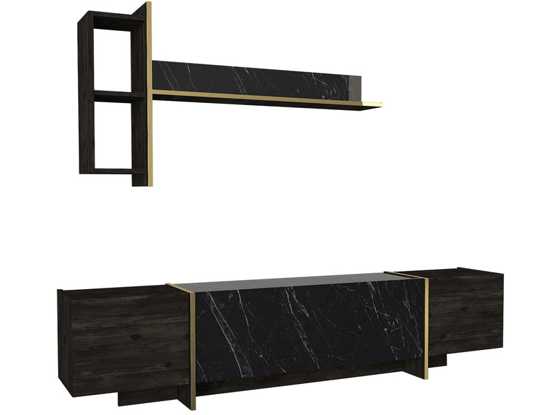 Set soggiorno con mobile tv madia e tavolino da caffè colore legno nero oro e nero lucido effetto marmo
