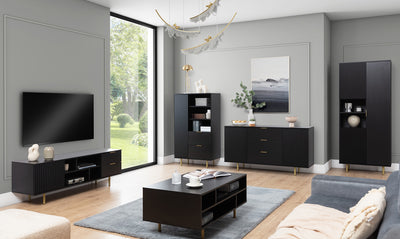 Porta tv design colore nero piedi dorati con cassetti anta e vani cm 150x41x52h