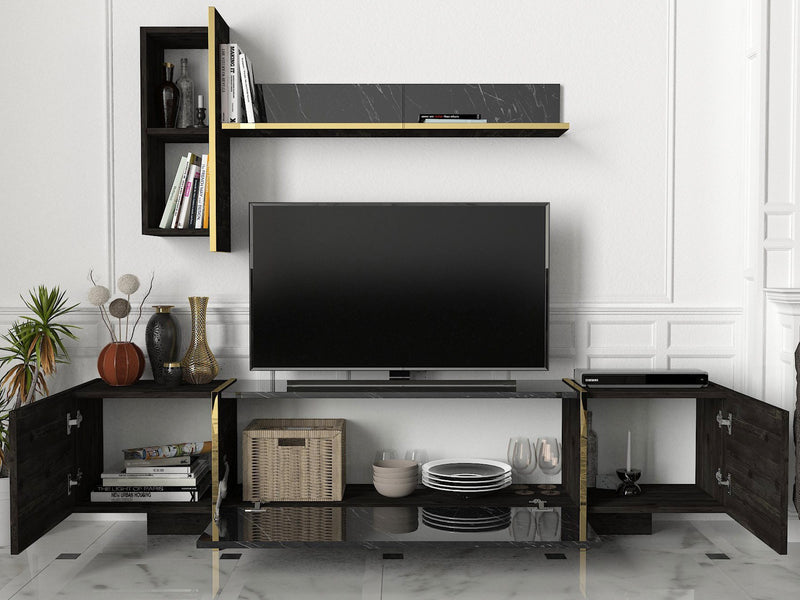 Soggiorno completo con tavolo madia e mobile TV nero oro e legno nero