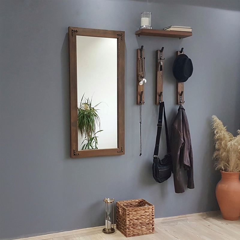 Set specchio con mensola e appendiabiti in legno massello colore noce