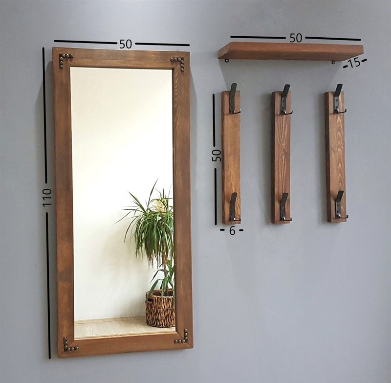 Set specchio con mensola e appendiabiti in legno massello colore noce