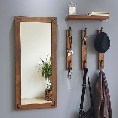 Set specchio con mensola e appendiabiti in legno massello colore noce