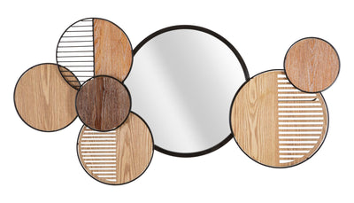 pannello decorativo con specchio cerchi in legno lavorato e cornici in metallo nero