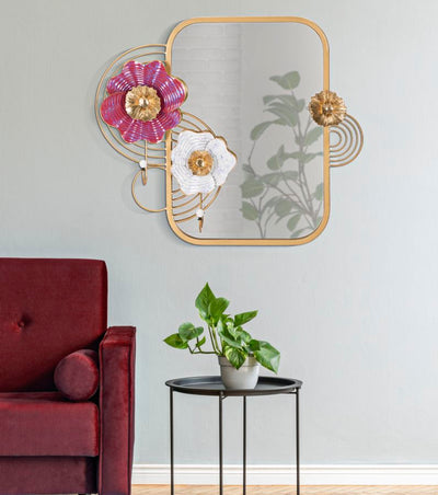 Specchio da parete design con fiori in metallo colore oro e rosso cm 75x9x64h