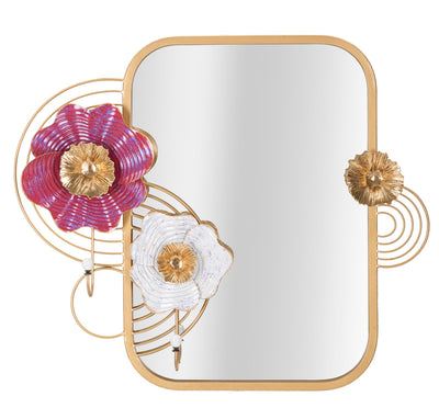 specchio moderno rettangolare con angolo arrotondati decorato con fiori in metallo oro e rosso