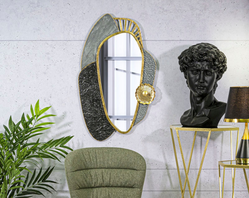 Specchio decorativo design astratto in metallo dorato e grigio cm 56x5x90h