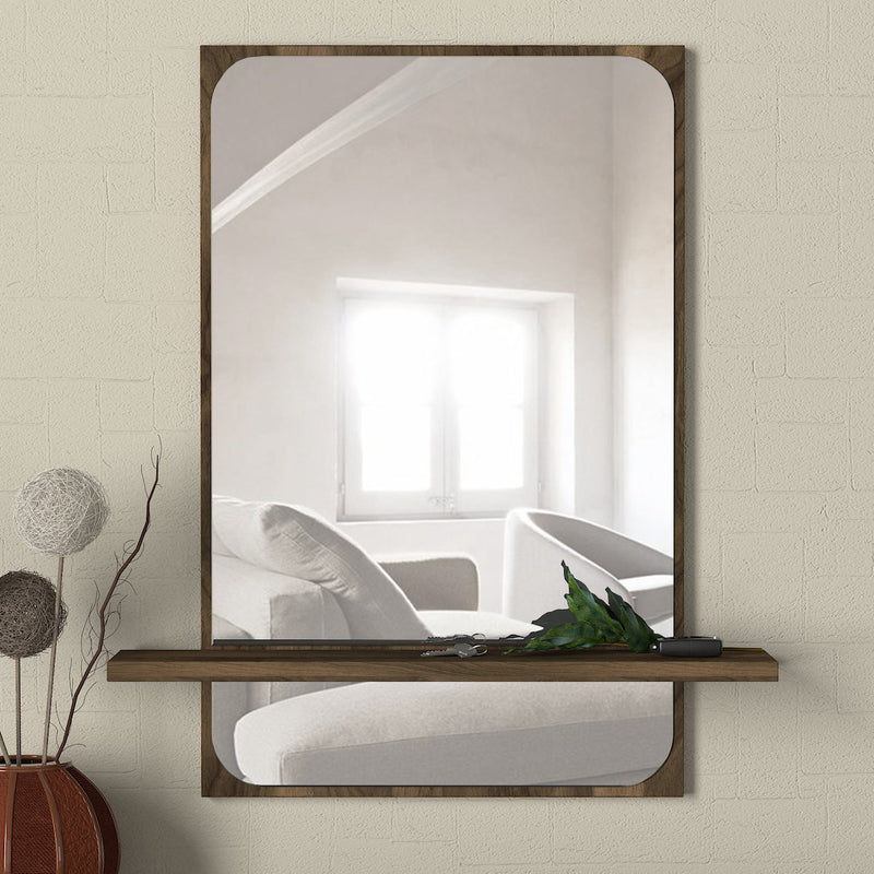 specchio rettangolare moderno in legno colore noce con mensola