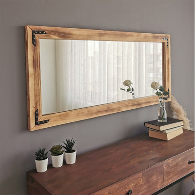 specchiare in stile industriale cornice in legno masselo colore naturale con angolari  in metallo decorativi